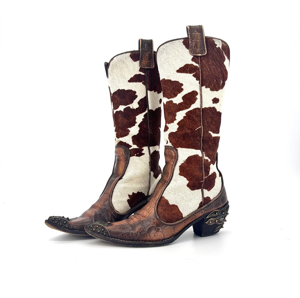 Giuseppe Zanotti Crystals Cow Print Pull On Western Cowgirl Heeled Boots 7